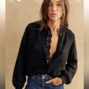 Sezane Angie Black Mohair Lace collar Cardigan new XXS